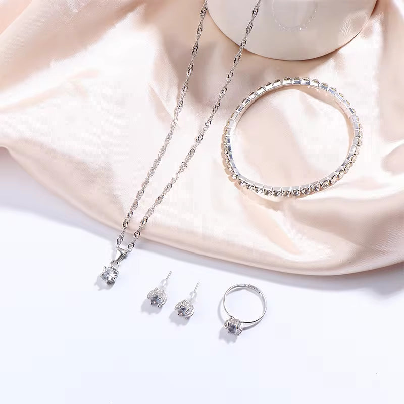 Luxury Women Ring Necklace Earrings Rhinestone Bracelet Jewelry Set