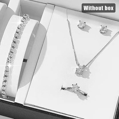 Luxury Women Ring Necklace Earrings Rhinestone Bracelet Jewelry Set