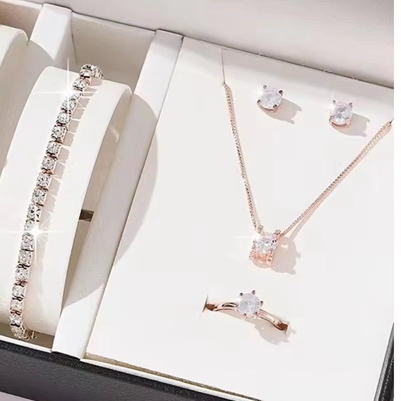 Luxury Women Ring Necklace Earrings Rhinestone Bracelet Jewelry Set