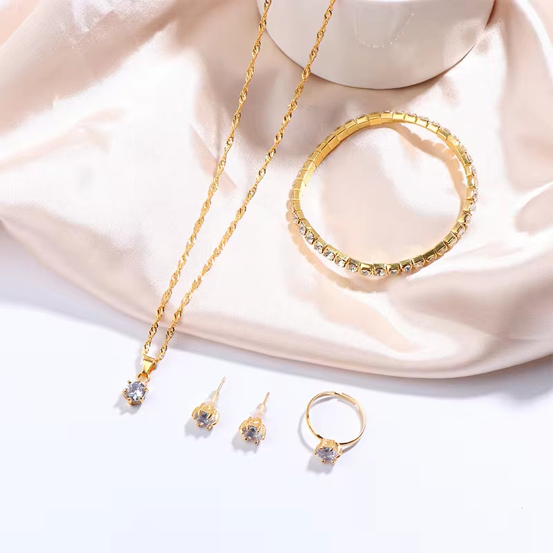 Luxury Women Ring Necklace Earrings Rhinestone Bracelet Jewelry Set